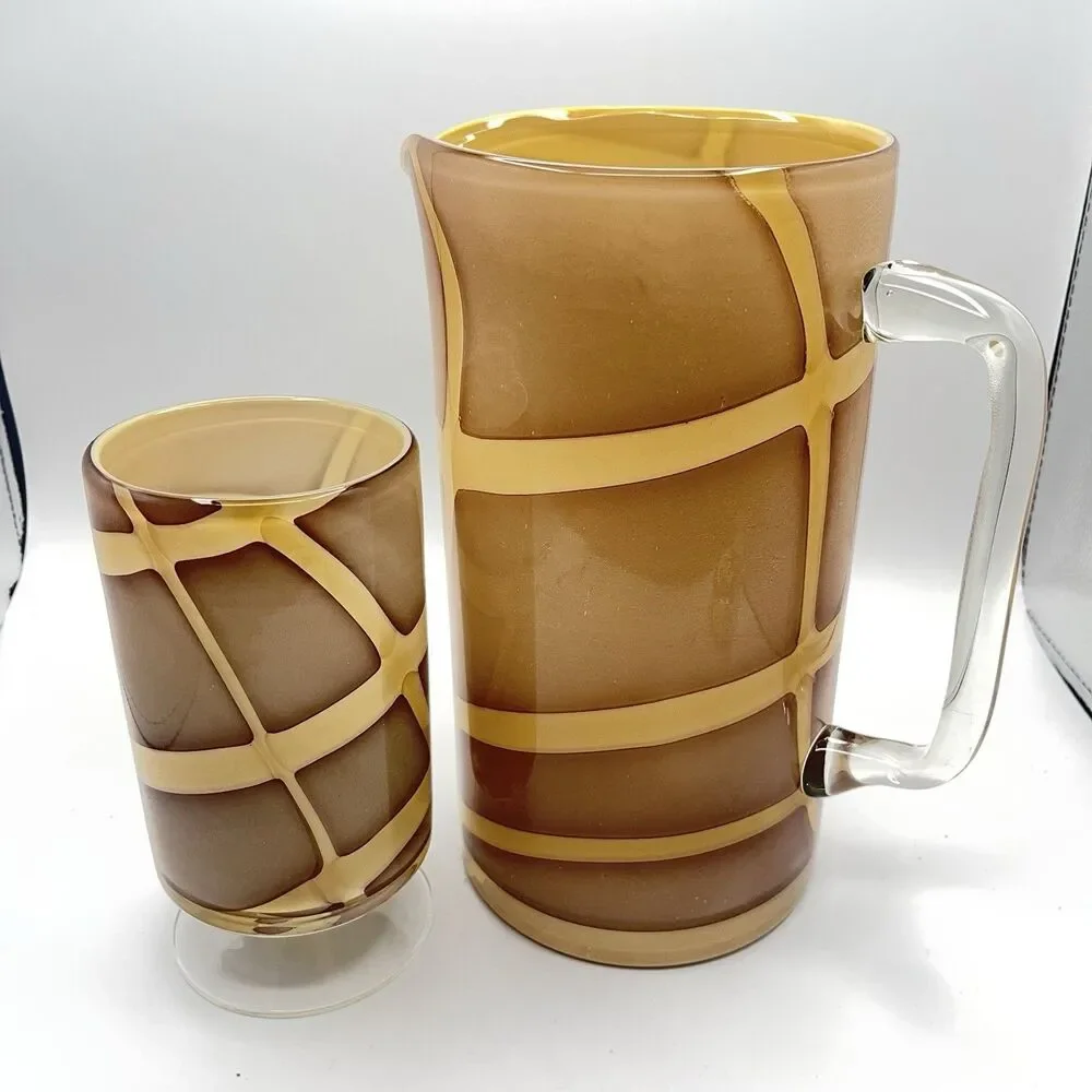 Vintage Hand Blown Glass Pitcher w Handle Nude w Cream Swirls Plus One Glass